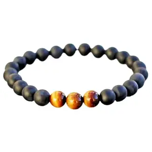 RRJEWELZ Natural Matte Black Onyx & Tigers Eye Round Shape Smooth Cut 8mm Beads 7.5 inch Stretchable Bracelet for Healing, Meditation, Prosperity, Good Luck | STBR_05407