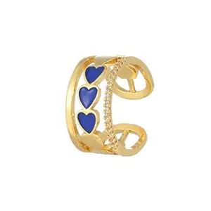 ZIVOM® Heart Gold American Diamond Navy Blue Enamel Copper Adjustable Band Ring For Women