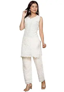 MAGHMA Indian Chikankari Cotton Kurtis for Women Summer Dress Tunic Top Pant Set Pakistani Salwar Suit Cream White