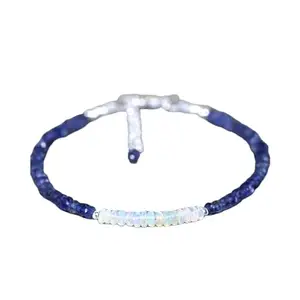 LKBEADS Natural Round Shape Smooth Cut Beads Stretchable Bracelet for Men & Women Ethiopian Opal & Iolite Rondelle Faceted & Smooth Multicolor 7 Inch Adjustable Bracelet
