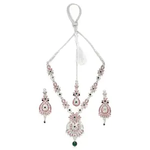M.D KARAT ART trendy rhodium plated pink & white A1 TIWAN stone pendent necklace jewellery set with earring mangtika jewellery set for women (SET 0225N)