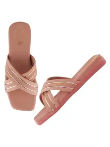 Shoetopia Embellished Cross Strap Peach Flats For Women /EU37