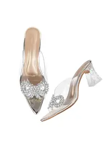 TRYME Transparent Block Heel Attractive Stone Studded Heels Sandal Comfortable Trendy Sandals for Women & Girls