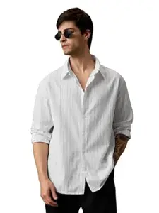 The Souled Store Seersucker: Men and Boys Long Sleeve Spread Collar Striped Lightweight Easy to Style Everyday Office Wear Cotton Relaxed Shirt