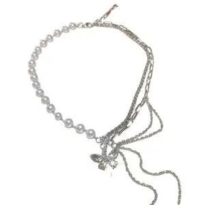 Elegant Pearl Necklace with Crystal Butterfly Pendant, White