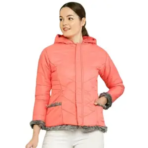 Women's & Girl's Winter Wear Polyester Full Sleeve Solid Parka Quilted Bomber Jacket (Jacket-Peach-M)
