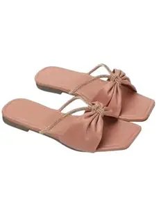 Women's Bow Knot Flat Sandals, Square Toe Slip-On Slides, Pink (Pink, UK Footwear Size System, Adult, Women, Numeric, Medium, 8)
