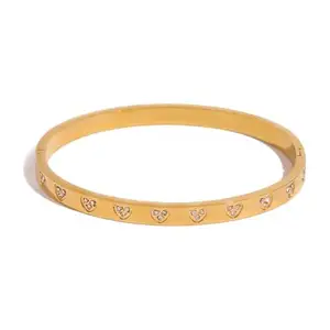 Heart Bangle Bracelet for Women 18K Gold Plated | Crystal Accent Adjustable Cuff | Stackable Minimalist Waterproof Hypoallergenic Jewelry Gift