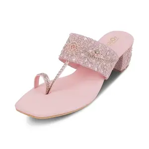 TOUCH HEEL Block Heel Sandals For Women | Stylish Embellished | Elegant Traditional Footwear | Comfortable Ethnic Heels for Parties & Weddings (Pink,3UK)