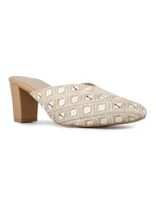 Inc.5 Womens Beige Embellished Round Toe Party Wear Heels Mules