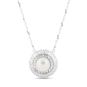 ZISTHI 925 Sterling Silver Round Double Halo Pearl Silver Pendant | Gifts for Girlfriend, Gifts for Women and Girls