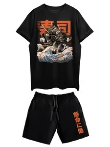 THREADCURRY Sushi Dragon Printed Co-ord Set for Men - Half Sleeve Oversized T-Shirt and Shorts