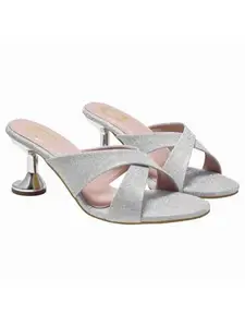 Shoetopia Embellished Silver Sparkle Block Heeled Sandals For Women & Girls /EU36