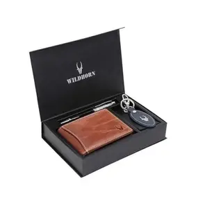 WildHorn Brown Leather Men's Wallet, Keychain and Pen Combo Set (GIFTBOXMIX) (CRUNCH1)