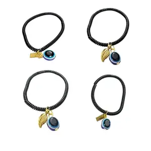 Fashionable Combo of 4 Evil Eye Bracelet for Men and Women and Stylish Evil Eye Knife & Leaf Design Black Stretchable Band Bracelets (2)