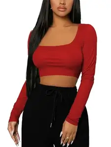 THE BLAZZE Women's Cotton Stylish Western Basic Solid Wear TV Oval Neck with Full/Long Sleeve Crop Top for Women L611 4174 (S, RED)