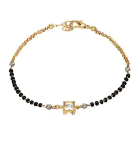 NVR Women Gold-Plated & Black Brass Stone-Studded Hand Mangalsutra Link Bracelet