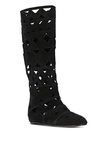 CARA ITALIA Maidstone Women's Black Micro Suede Cut Out Vegan Faux Leather Slip on Long Knee-High Boots