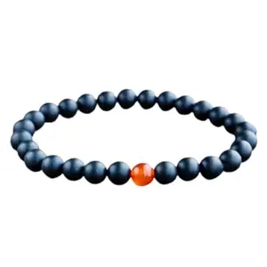 RRJEWELZ Natural Matte Onyx With Carnelian Round Shape Smooth Cut 6mm Beads 7.5 inch Stretchable Bracelet for Healing, Meditation, Prosperity, Good Luck | STBR_05580