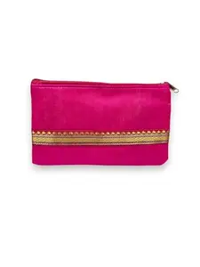 Raang Desi Vibrant Banarsi Pouches - Elegant, Classic Design with Spacious Storage, Ideal for Makeup & Stationery, Crafted from Super Classic Banarsi Material, Single Zipper for Easy Access, Pink