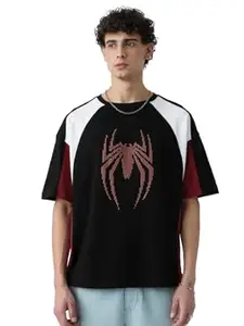 The Souled Store Spider-Man: Peter Parker Men and Boys Short Sleeves Round Neck Black Graphic Printed Cotton Oversized T-Shirts