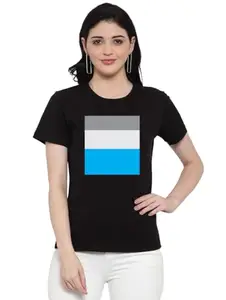 Women's Cotton Blend Three Color Strip Design Printed Printed T-Shirt (Black, M)-PID45191