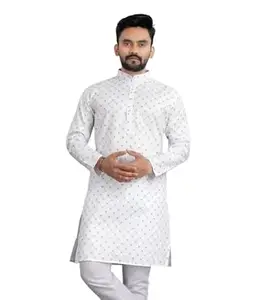 Sanju Fashion Cotton Blend Checks Printed Full Sleeve Kurta for Men Design No 1CHECKS_White S