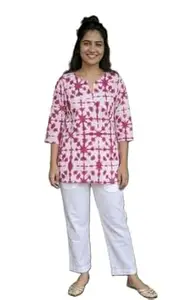 JIVAS COLLECTIVES Women’s Pure Katha Cotton & Cotton Floral Print Kurti | Short Tunic Top for Women | Round V-Neck 3/4 Sleeve Ethnic Kurti for Daily & Casual Wear