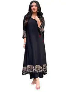 Honesst Ennterprise Women's Rayon Embroidered Straight Kurti with Pant Set