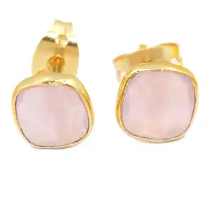 KHN Fashion Lovely Pink Chalcedony Square Shape November Birthstone Gold Plated Stud Earrings Gifts For Women Girls