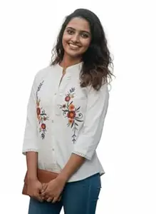 Carrel Off-White Khadi Cotton Floral Hand Work Embroidery Tunic – Women's Indo-Western Top & Shirt, 3/4 Sleeve Button-Down Shirt Collar for Summer Office, Party & Beach Wear