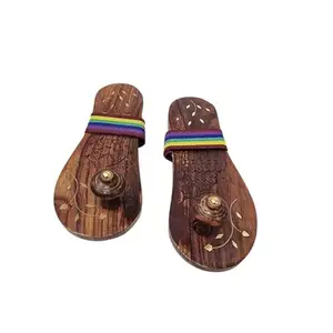 NAMASTE INNOVATIONS Wooden Khadau Slippers with Rubber Straps Floral Design Pooja khadau for home Brown (Standard)