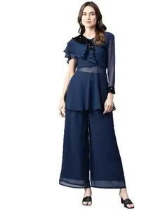 Cottinfab Women Blue Embellished Ruffle Top with Trousers