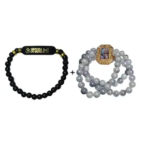 Guru Ji Swaroop Bracelet Set, golden frame and Grey Pearl Beads with Jai guru ji bracelate as blessing