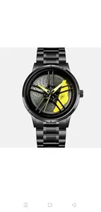 Men's Sports Wristwatch, Black Stainless Steel Band, Yellow Accent Dial, Analog Display