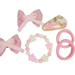 Kamule Bow & Unicorn Applique Embellished Hair Accessories with Bracelet Combo Pack of 6 - Pink