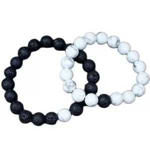 RRJEWELZ howlite & black lava 10mm Round Smooth beads Long Distance Couples Love Friendship Combo Bracelet Set - Couples Relationship 7 inch Stretchable Bracelets set|RR_CPBR_136_7