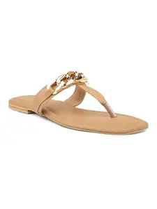 Inc.5 Women Beige Embellished T-Strap Flats