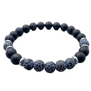 LKBEADS Vein Agate & Black Onyx Bracelet - Beaded Gemstone Bracelet for Boho Style, Natural Stone Jewelry Gift for Her|8mm Round|Smooth|Multicolor|SRC_LI_000744