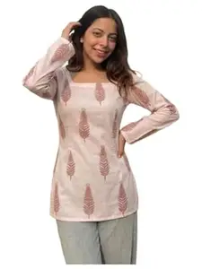 ANNI Designer Women’s Viscose Blend Printed Short Kurti | Straight Fit Casual Ethnic Top | Square Neck 3/4 Sleeve Kurta Office College