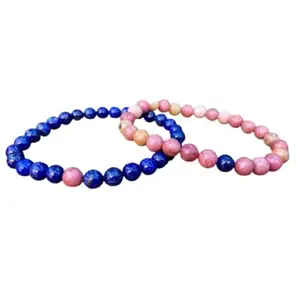 RRJEWELZ Lapis Lazuli & rhodochrosite 6mm Round Smooth beads Long Distance Couples Love Friendship Combo Bracelet Set - Couples Relationship 8 inch Stretchable Bracelets set|RR_CPBR_174_8
