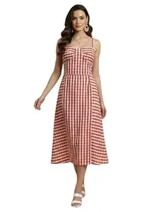 Aahwan Fit and Flare Red Gingham Check Shoulder Ties Slim Fit Midi Cami Dress for Women's & Girl's