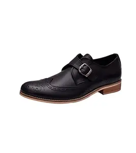 HiREL'S Men Black Genuine Leather Brogue Monk Shoes 6