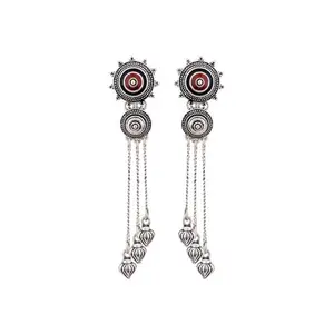 Voylla Ethnic Oxidised Silver Plating Brass Enamelled Embellished Oxidized Mandala Design Tassels Round shaped Dangle & Drop Earrings for Women and Girls