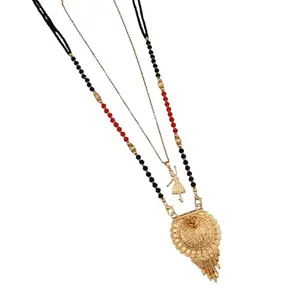 MALKYN Women's Gold Plated Peacock Motif Mangalsutra with Enamel Work and Ballerina Pendant Layered Necklace Set, Traditional Black Beaded Indian Jewelry for Festive Occasions-MD-067