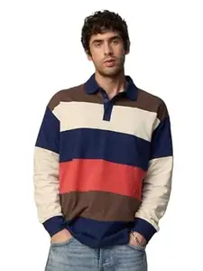 The Souled Store Rugby Polo: Sea Coast Men and Boys Long Sleeve Spread Collar Navy Blue Colour-Block Cotton Oversized Heavy Gauge Streetwear Casual Everyday Polos