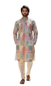 SHREE RAVI TEX Men’s Patchwork Printed Kurta Designer Ethnic Wear for Occasions Cotton Long Kurta with Artistic Traditional Print