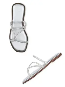 ROCIA By Regal Silver Women Strappy Diamond Embellished Flats