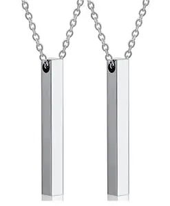 De-Ultimate (Pack Of 2 Pcs) Unisex Silver Color Fancy & Stylish Metal 3D Cuboid Vertical Bar Stick Custom Name Locket Pendant Necklace With Clavicle Chain Jewellery Set