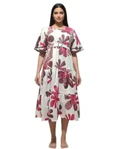 Women's Floral Print Midi Dress with Belt, White with Red and Brown Flowers, Short Sleeves, Tiered Design
